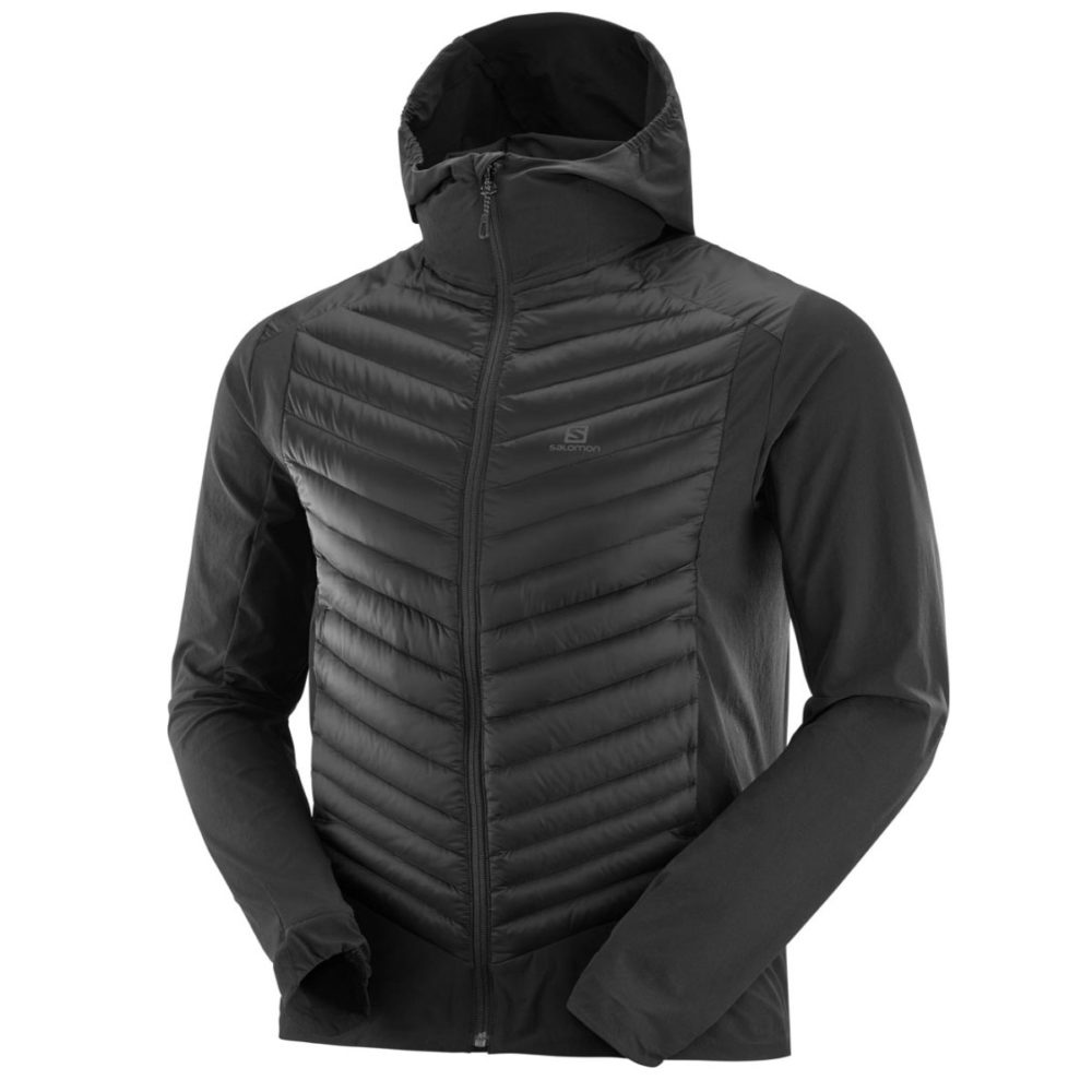 The Salomon Down Hybrid Hoodie features a combination of down insulation and durable face fabric, with an Active fit for comfort and mobility during outdoor activities.